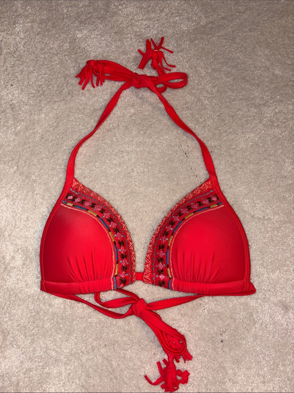 Red Embroidered Halter Bikini Top